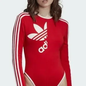 adidas Tops Adidas Red Long Sleeve Bodysuit With White Stripes